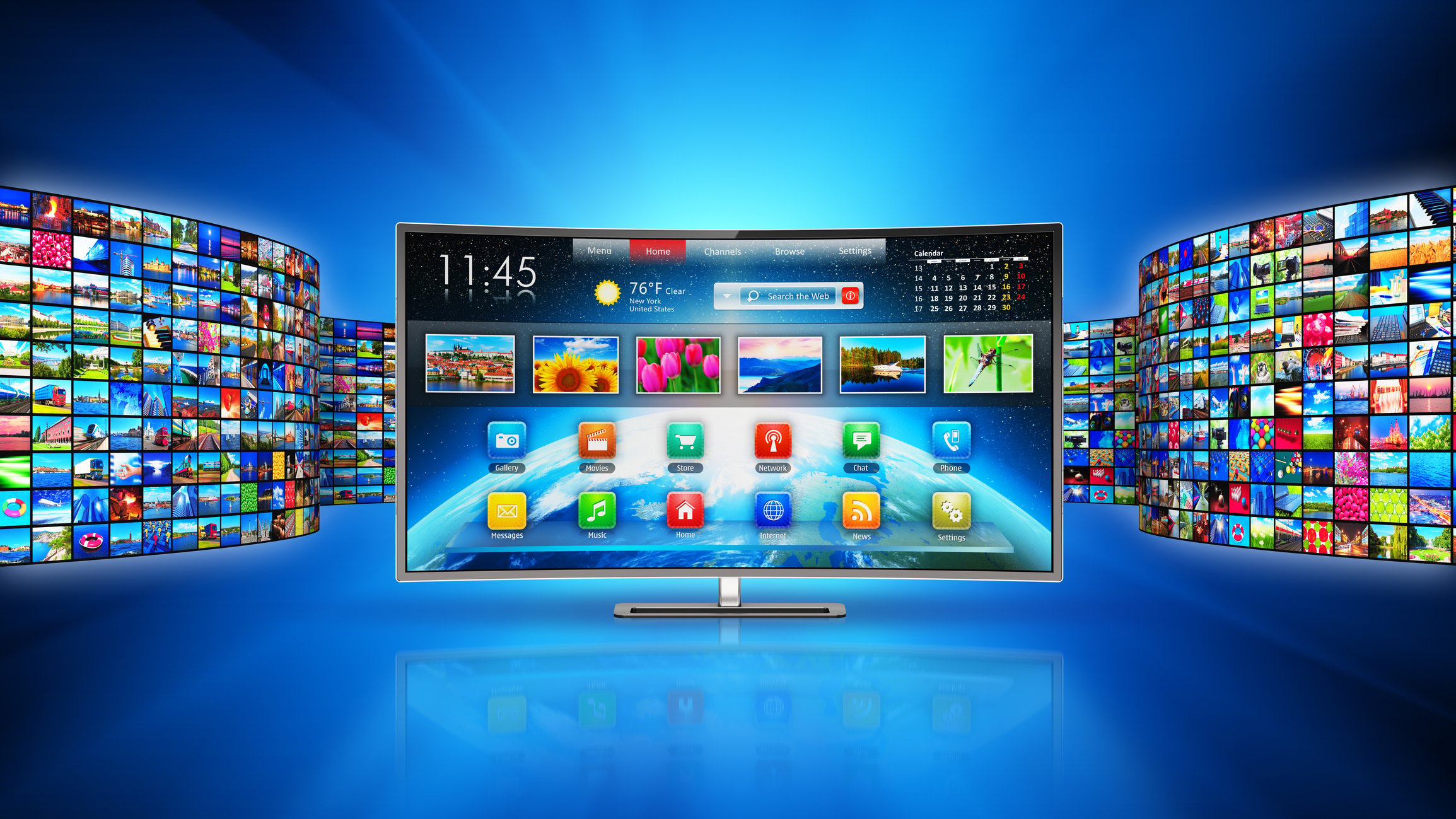 A connected TV showing viewing options and apps, with walls of television screens on either side.