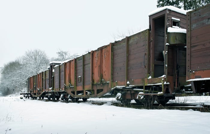 Train rail cars in the snow