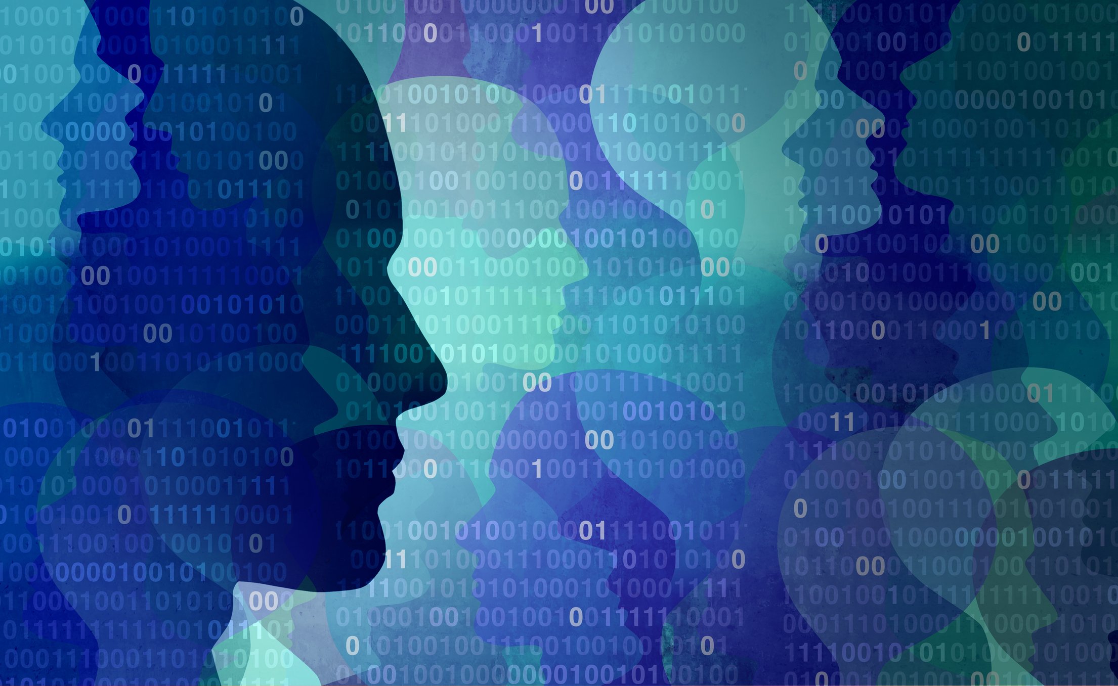 Data breach concept: illustration of faces overlaying rows of binary digits.