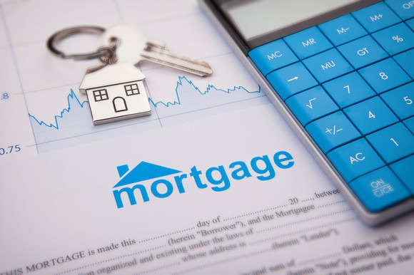 Mortgage forms and a calculator.