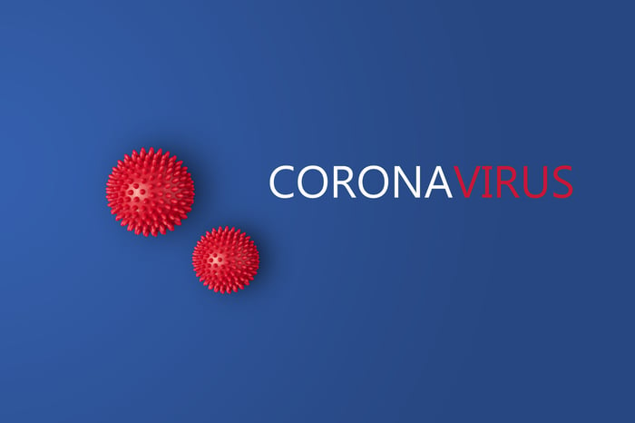 Blue background with the word "coronavirus" written on it, with two spiked balls representing the virus next to the word.