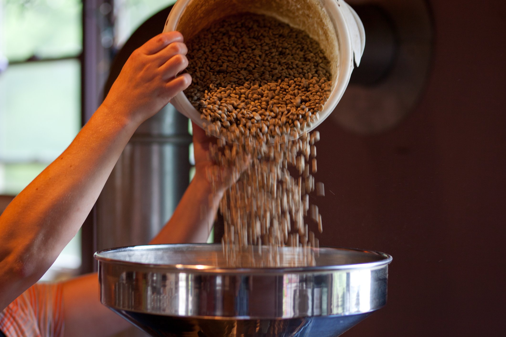 Coffee Beans Pouring into Roaster