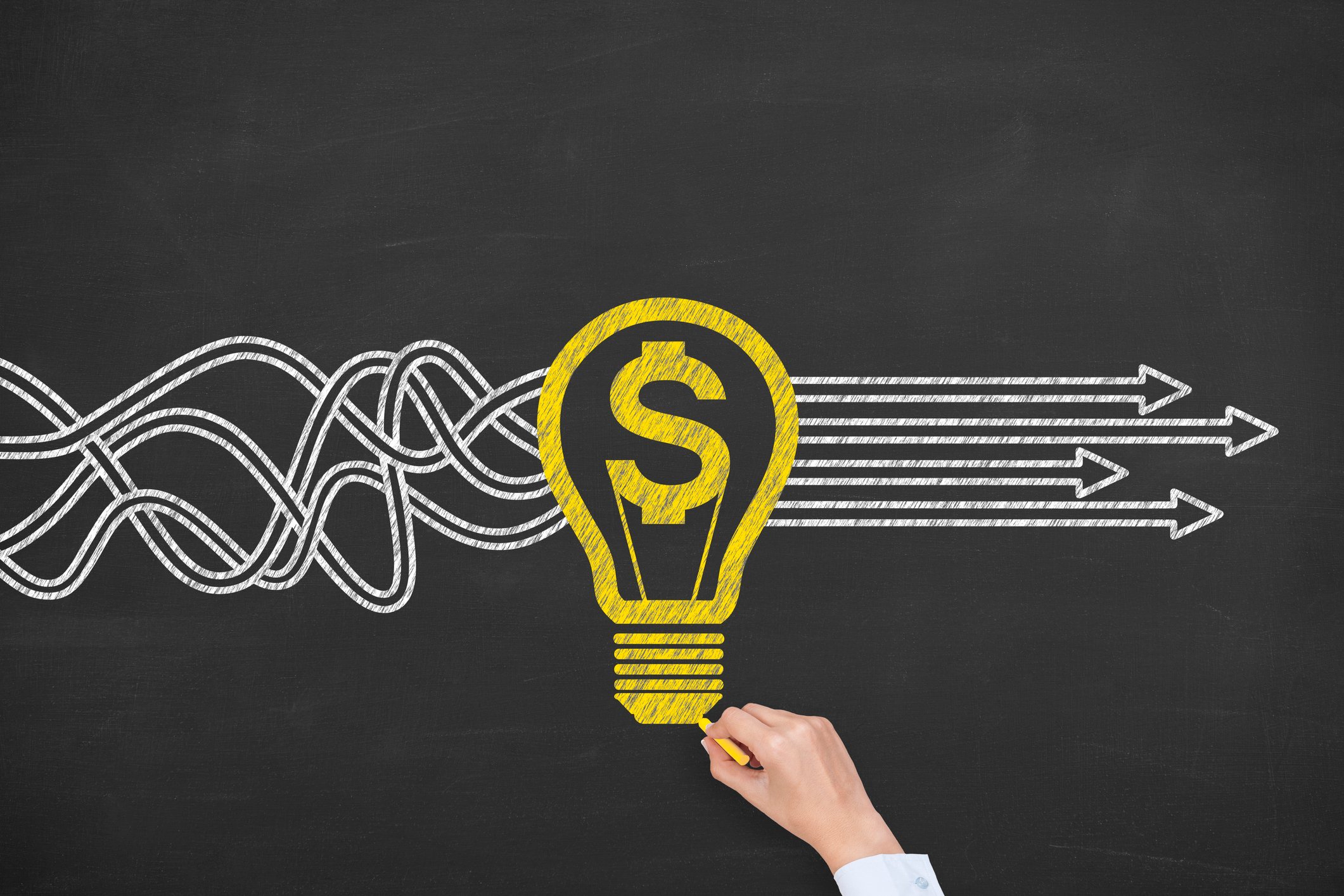 Chalkboard illustration of a dollar symbol enclosed within a lightbulb.