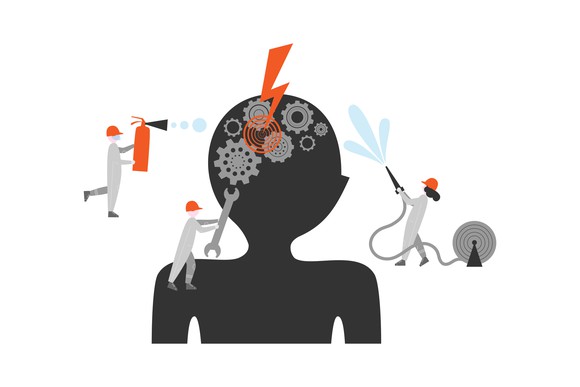 Graphic of workers trying to fix cogs in the brain.