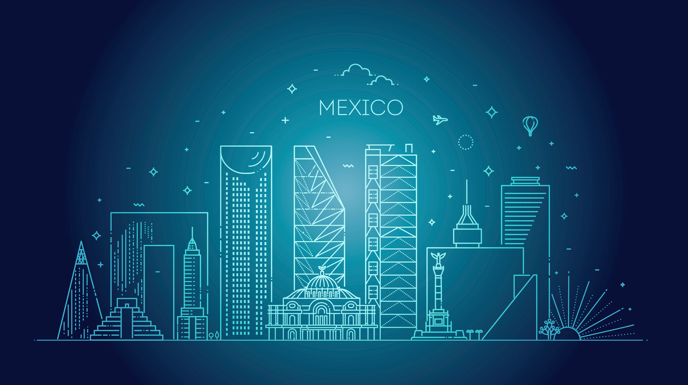 A banner featuring an illustration of Mexico City.