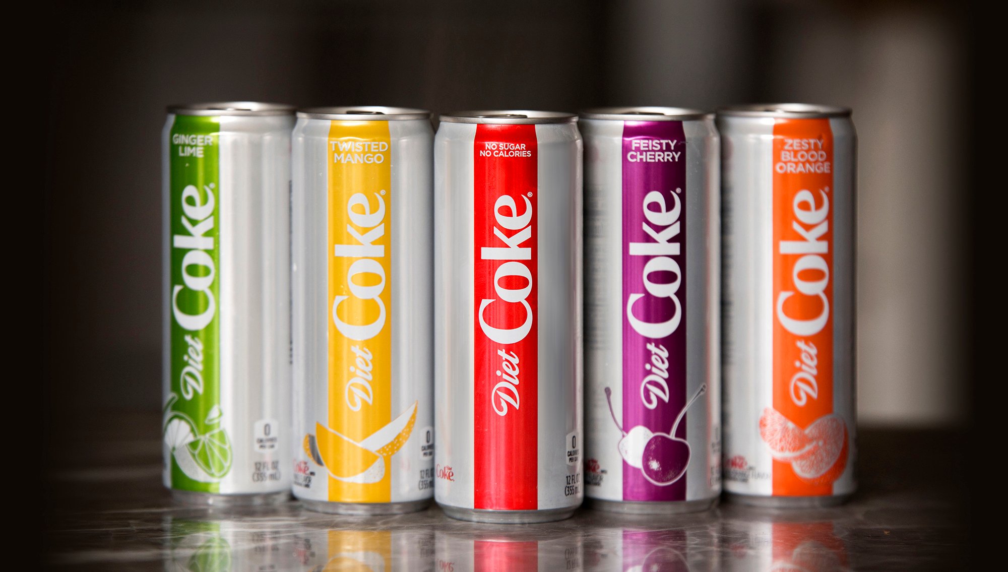 Five cans from sodas in the Diet Coke family.