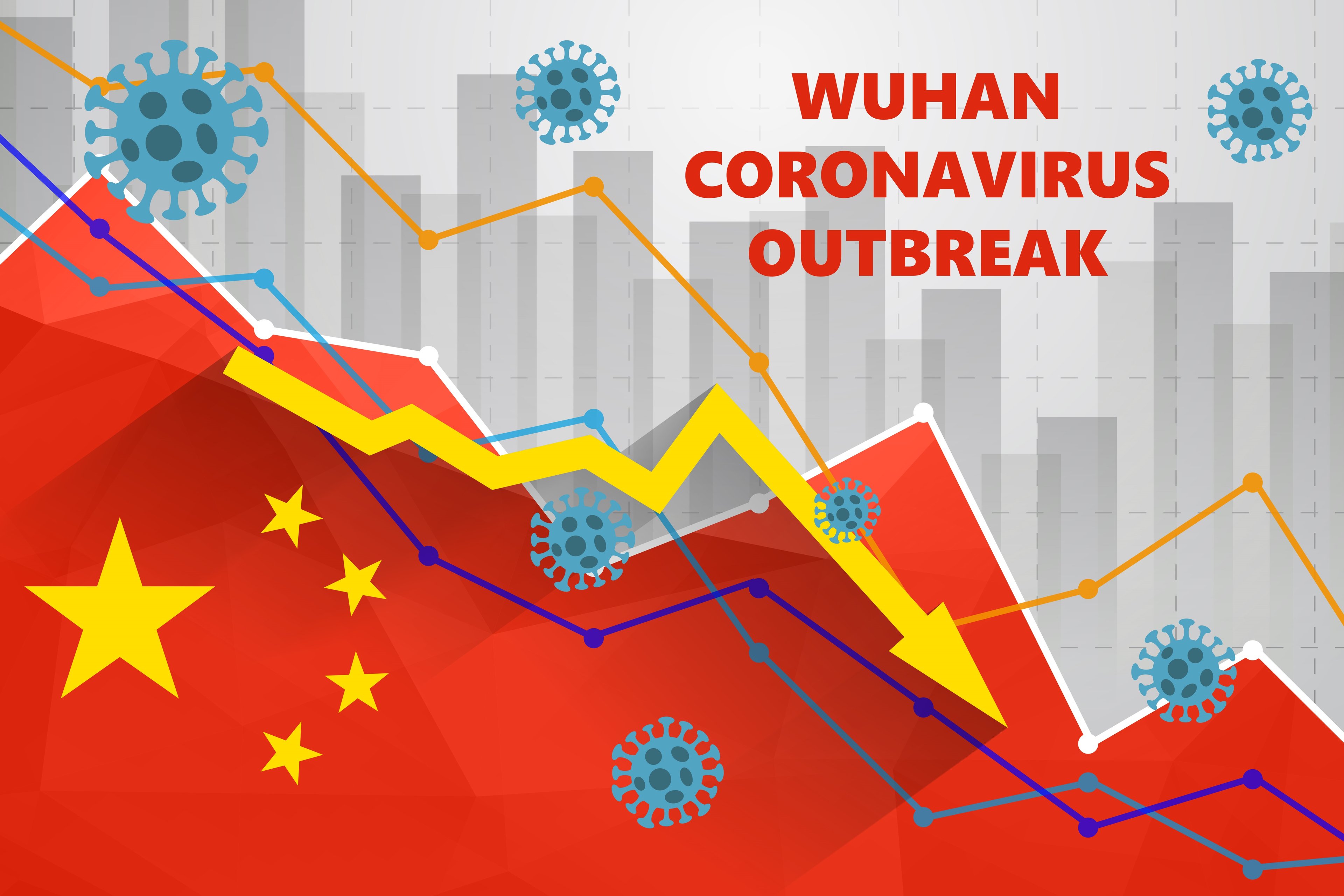 Chinese flag with the words Wuhan Coronavirus Outbreak, and an arrow and stock chart heading downward