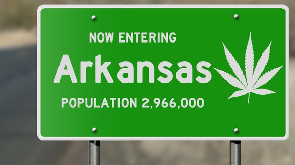 Arkansas road sign with marijuana leaf.