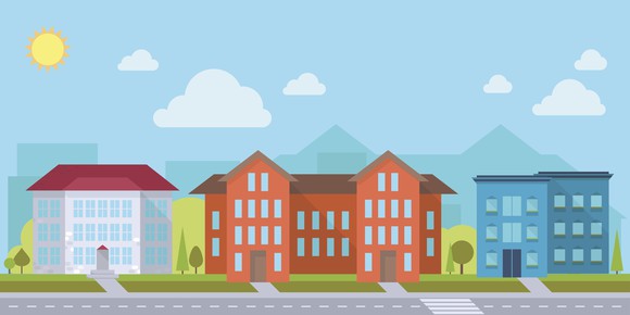 An illustration of a community showing buildings downtown