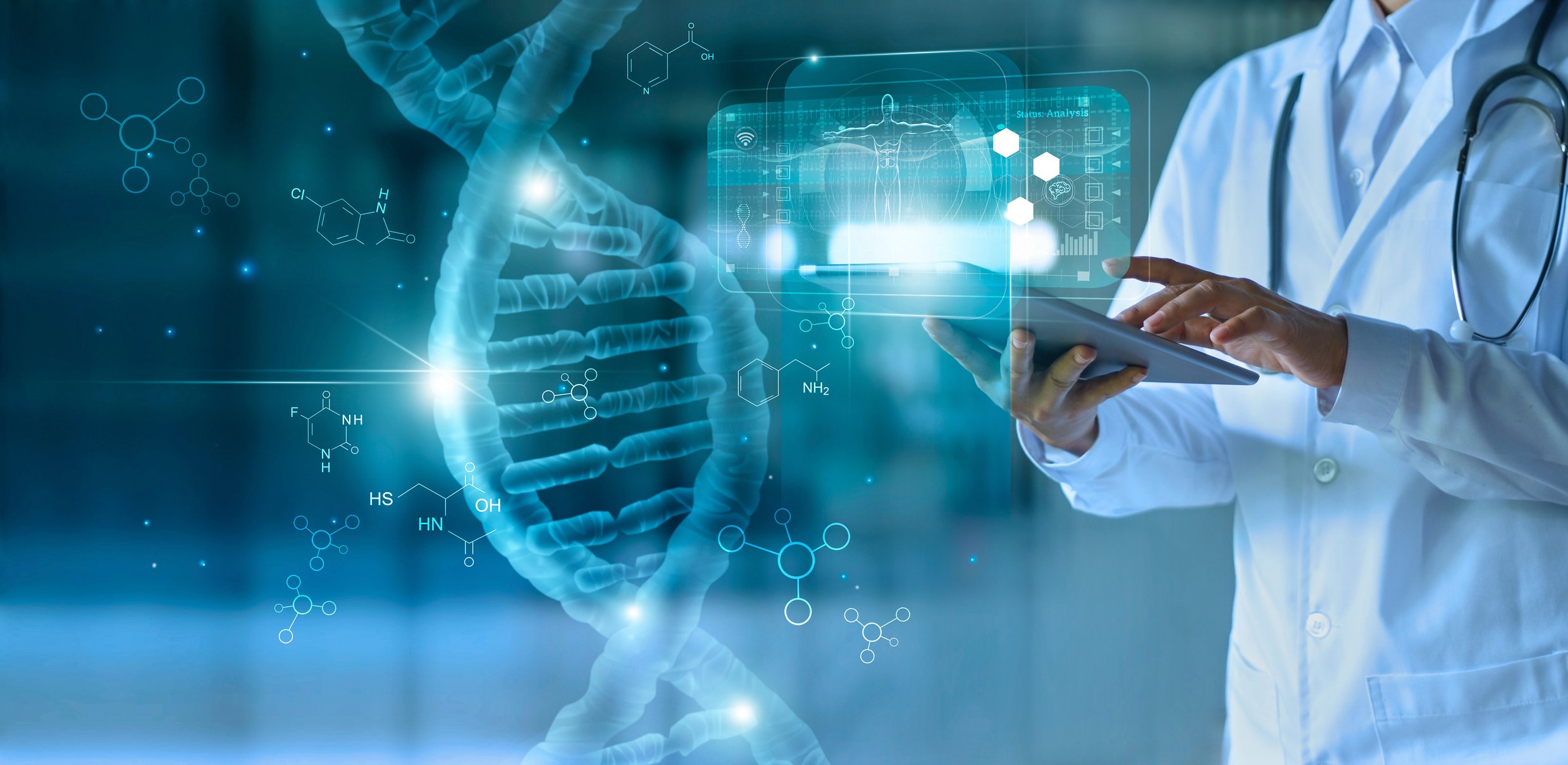 Abstract picture of a scientist touching a tablet with a DNA strand and other information appearing.