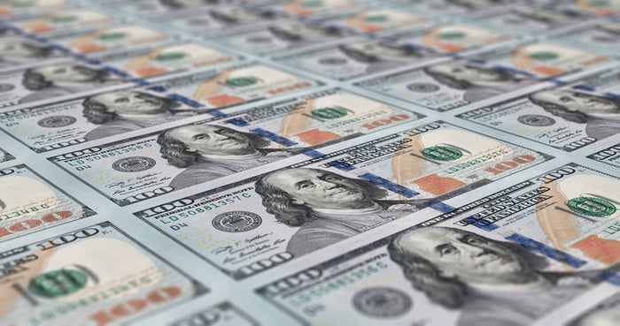 A sheet of $100 bills.