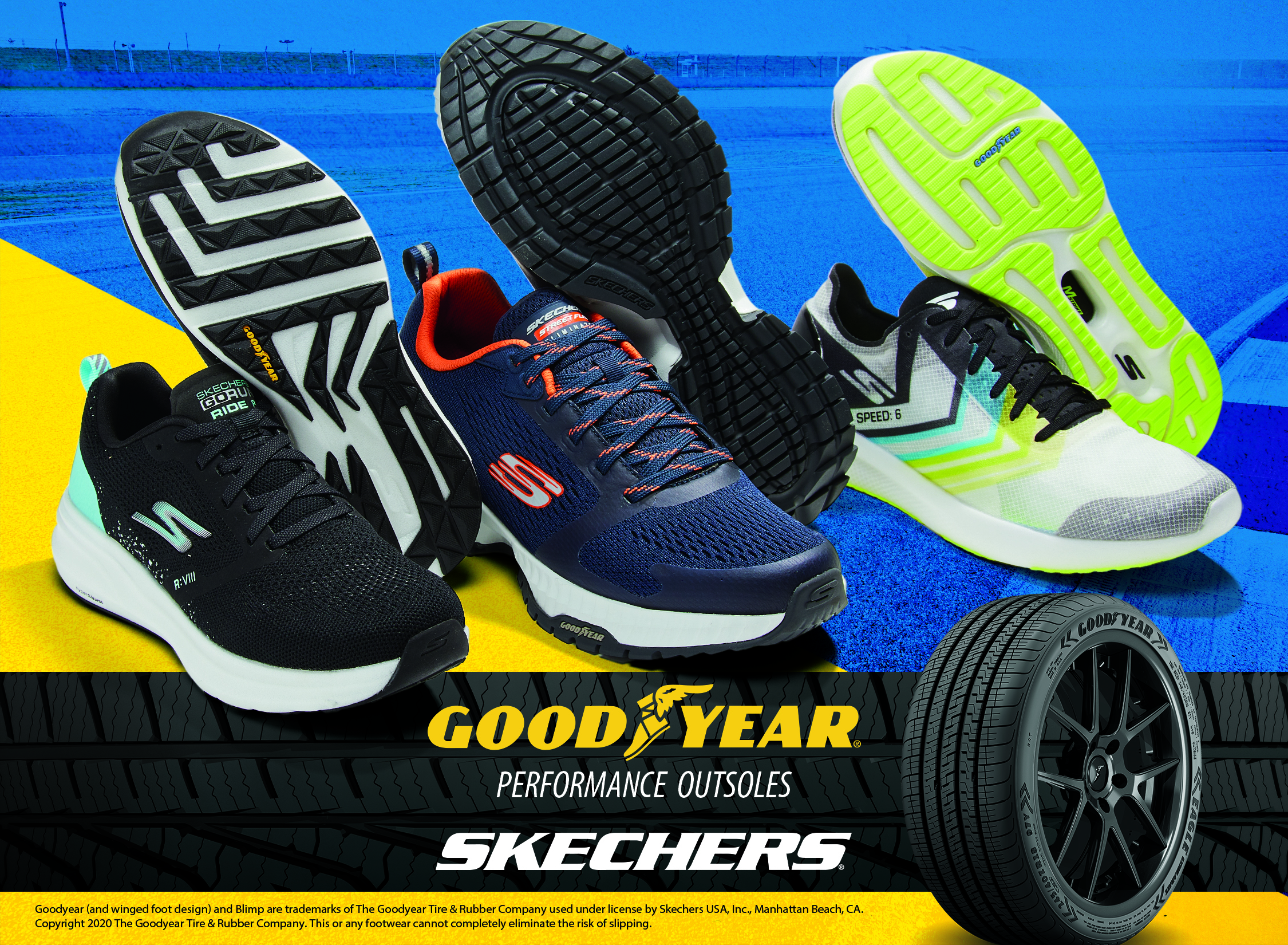 Skechers sneaker and a Goodyear tire.