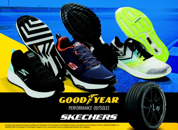 Skechers sneaker and a Goodyear tire.