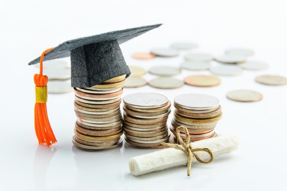 A graduation cap on coins depicting savings for college education.