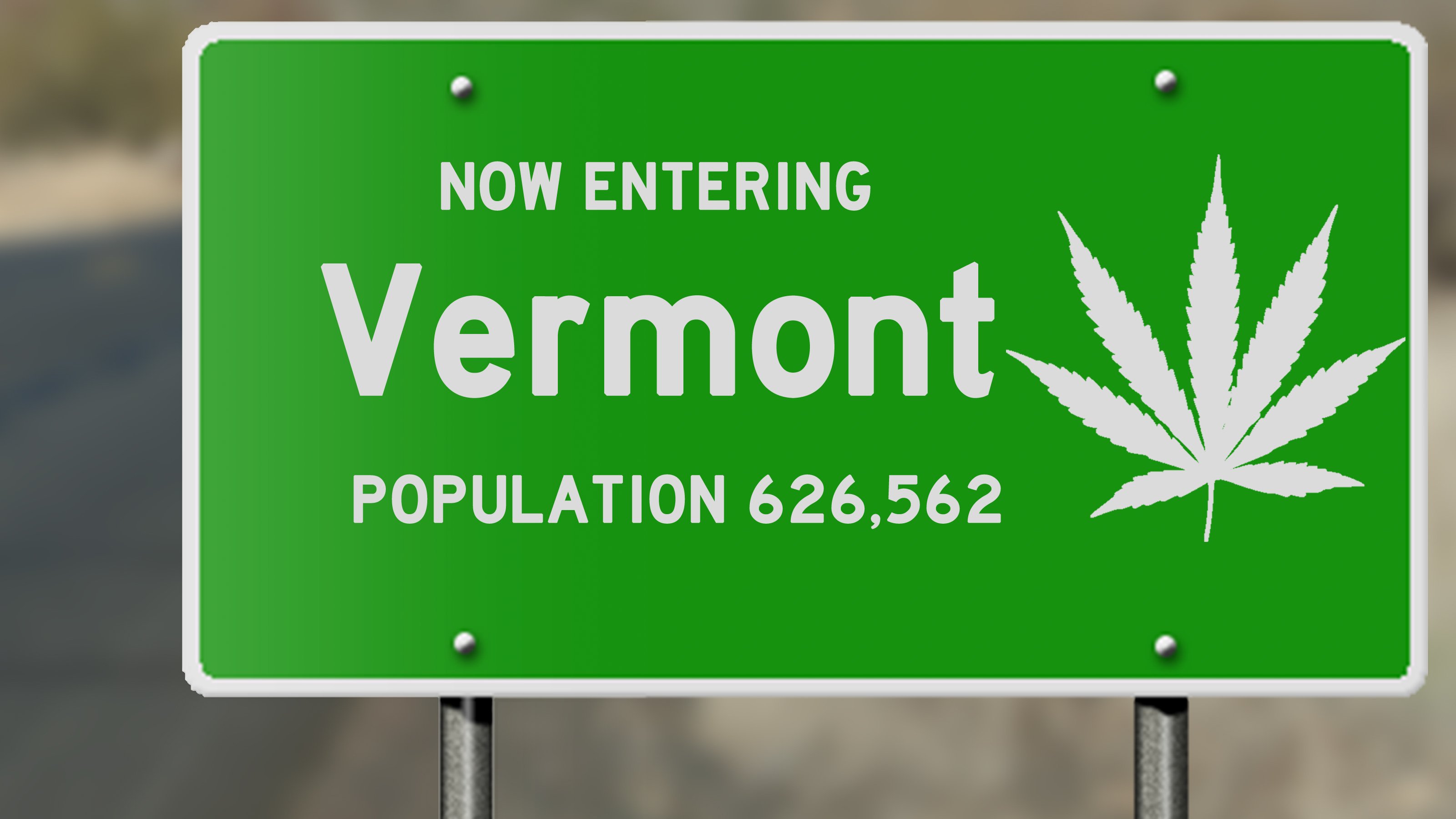 Vermont road sign with marijuana leaf.