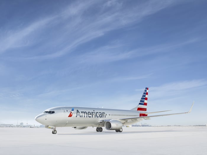 An American Airlines jet on the tarmac.