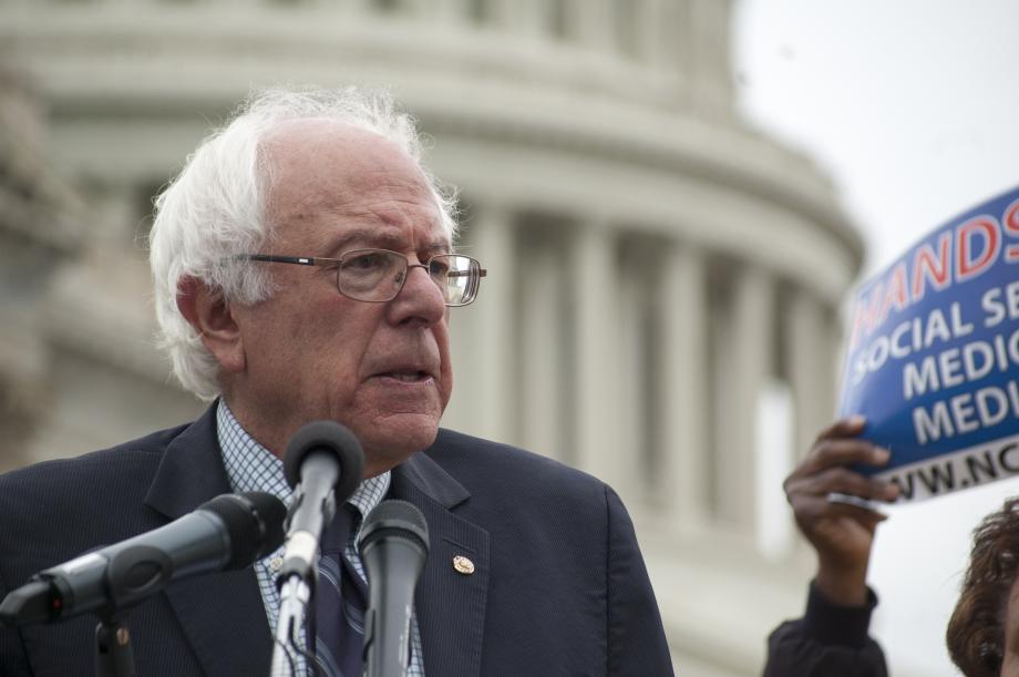 Senator Bernie Sanders speaking on Social Security in front of the Capitol building. 