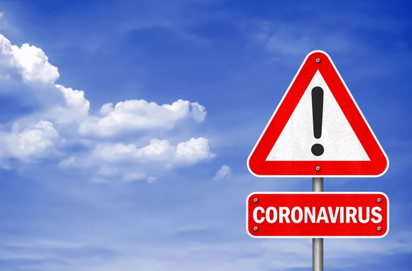A red warning sign for coronavirus set against a blue sky.