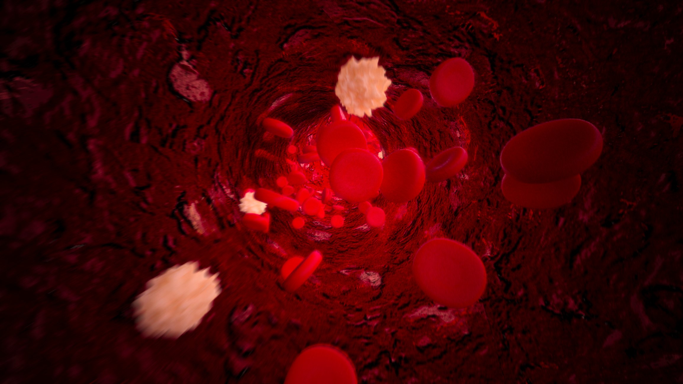 View of the inside of an artery showing cancer cells and normal red blood cells.
