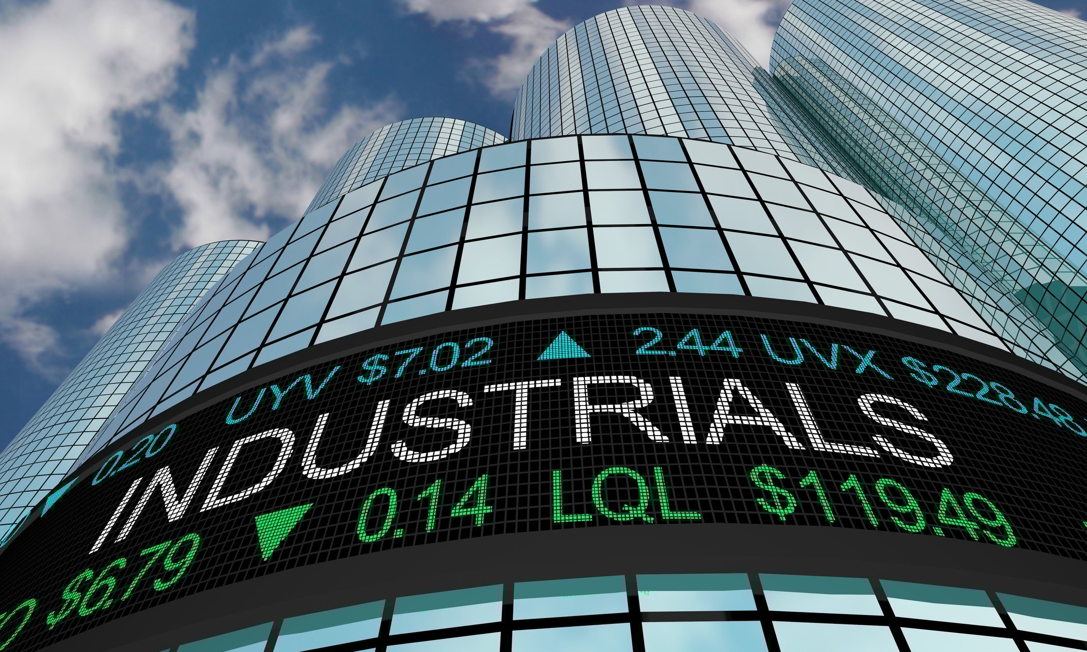 Industrial stocks on a ticker board on the side of a building