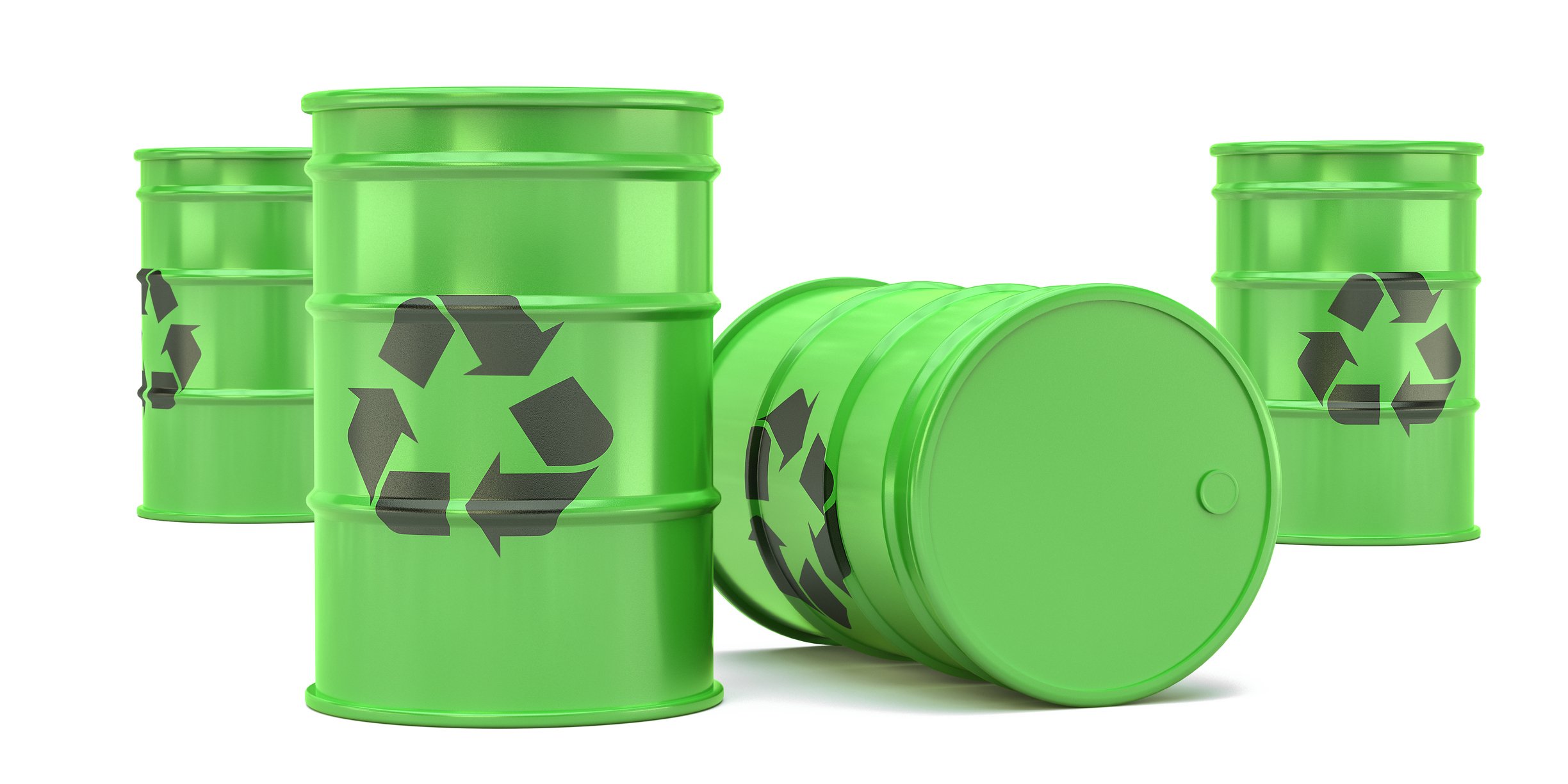 Green barrels with recycling symbols on them.
