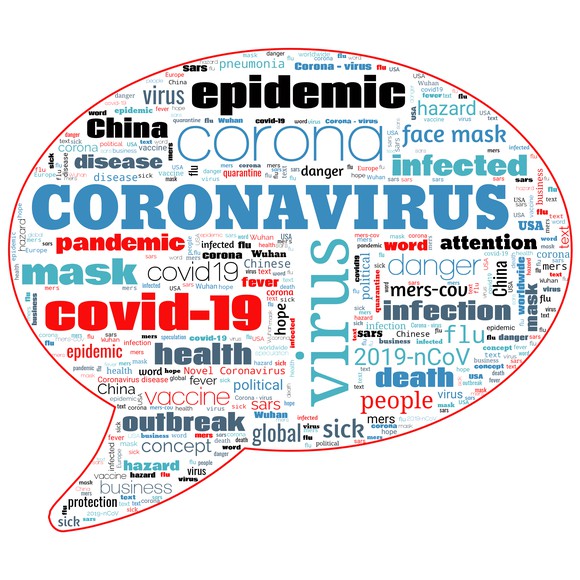 Thought bubble containing dozens of words related to the COVID-19 coronavirus outbreak