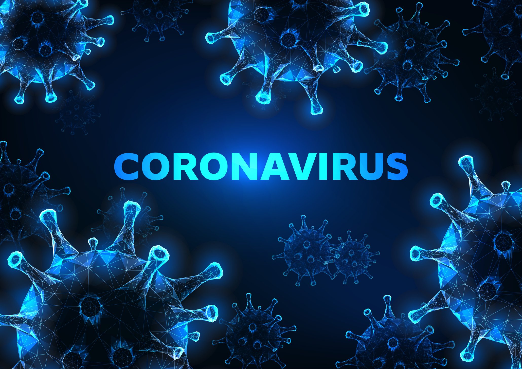an illustration shows virus cells floating on a blue background with the word "coronavirus" centered in the image