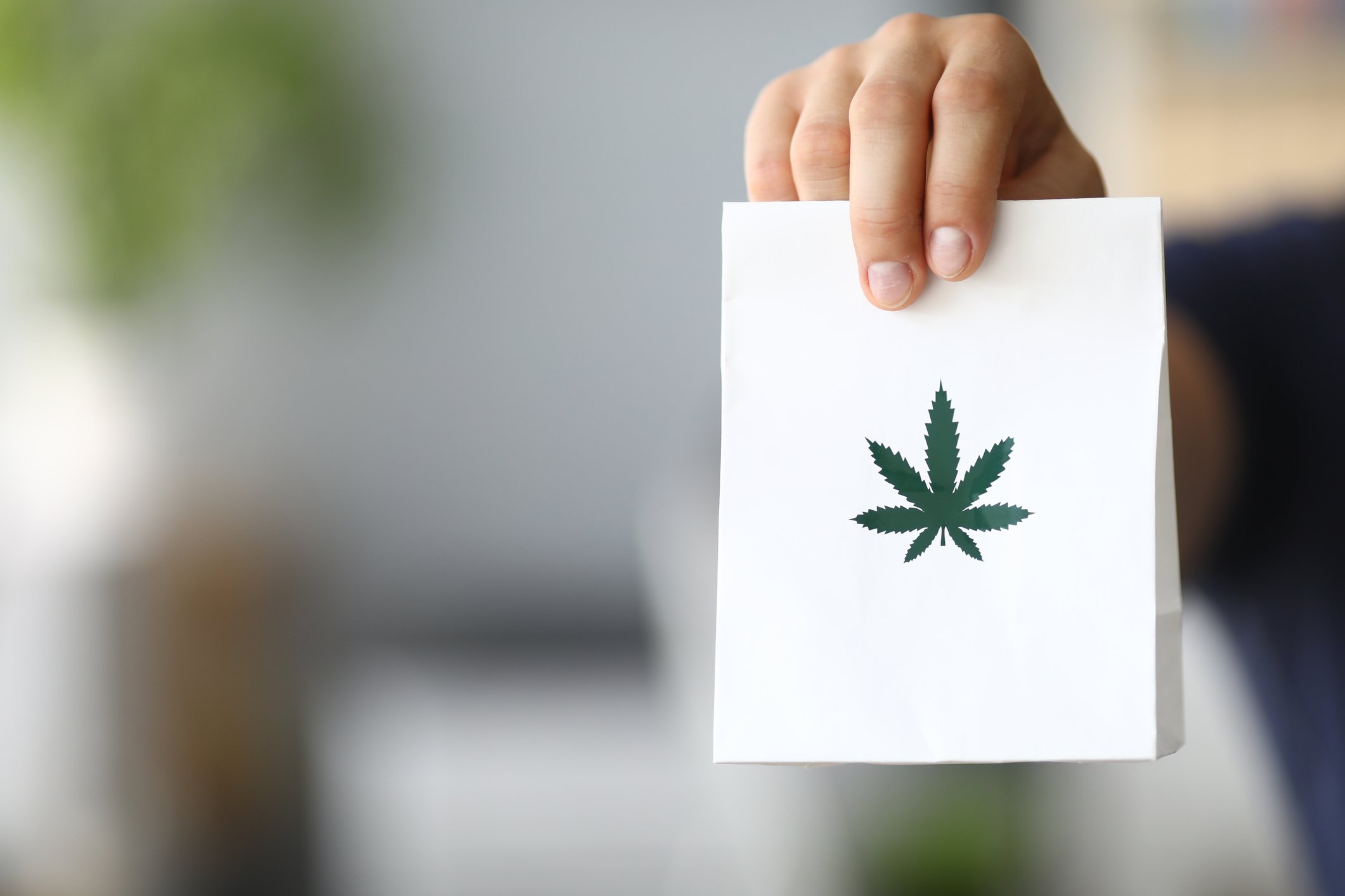 Hand holding a white bag with a green cannabis leaf printed on it
