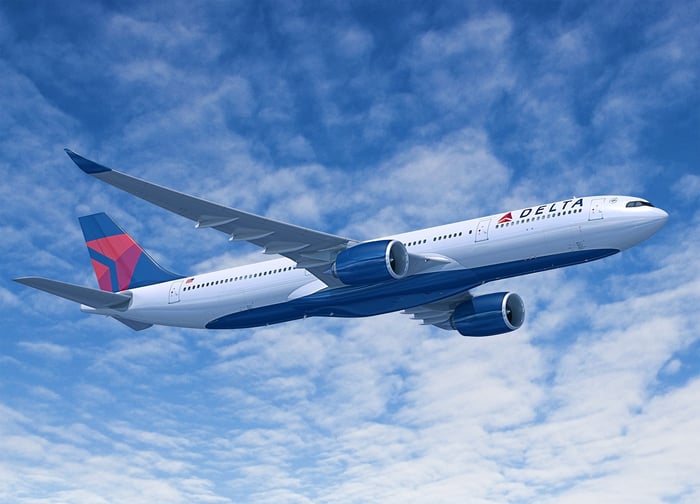 Delta aircraft in flight against a blue sky with patchy cirrostratus clouds.