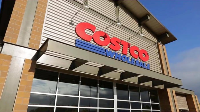 Front of Costco store location, with store logo above the opening.