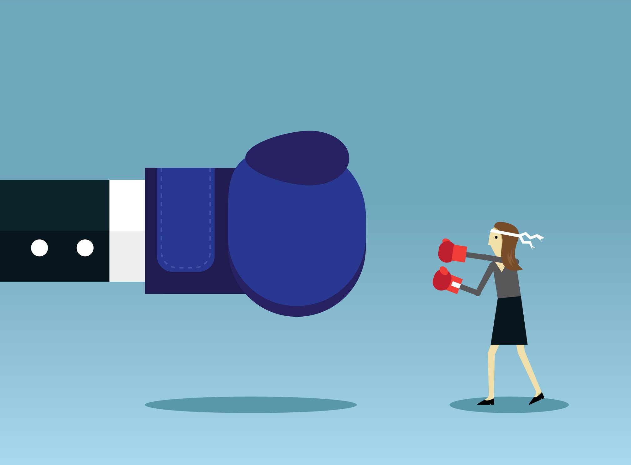 Small, animated boxer fighting a much bigger single boxing glove in an unfair fight