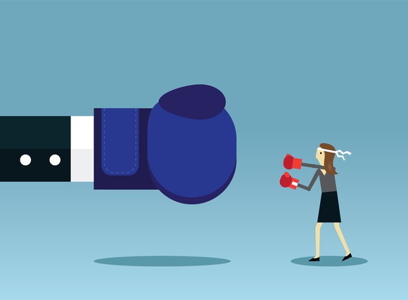 Small, animated boxer fighting a much bigger single boxing glove in an unfair fight