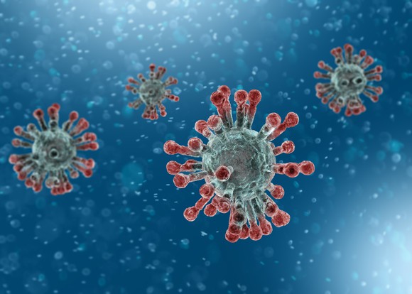 A close up of four coronavirus cells floating around.