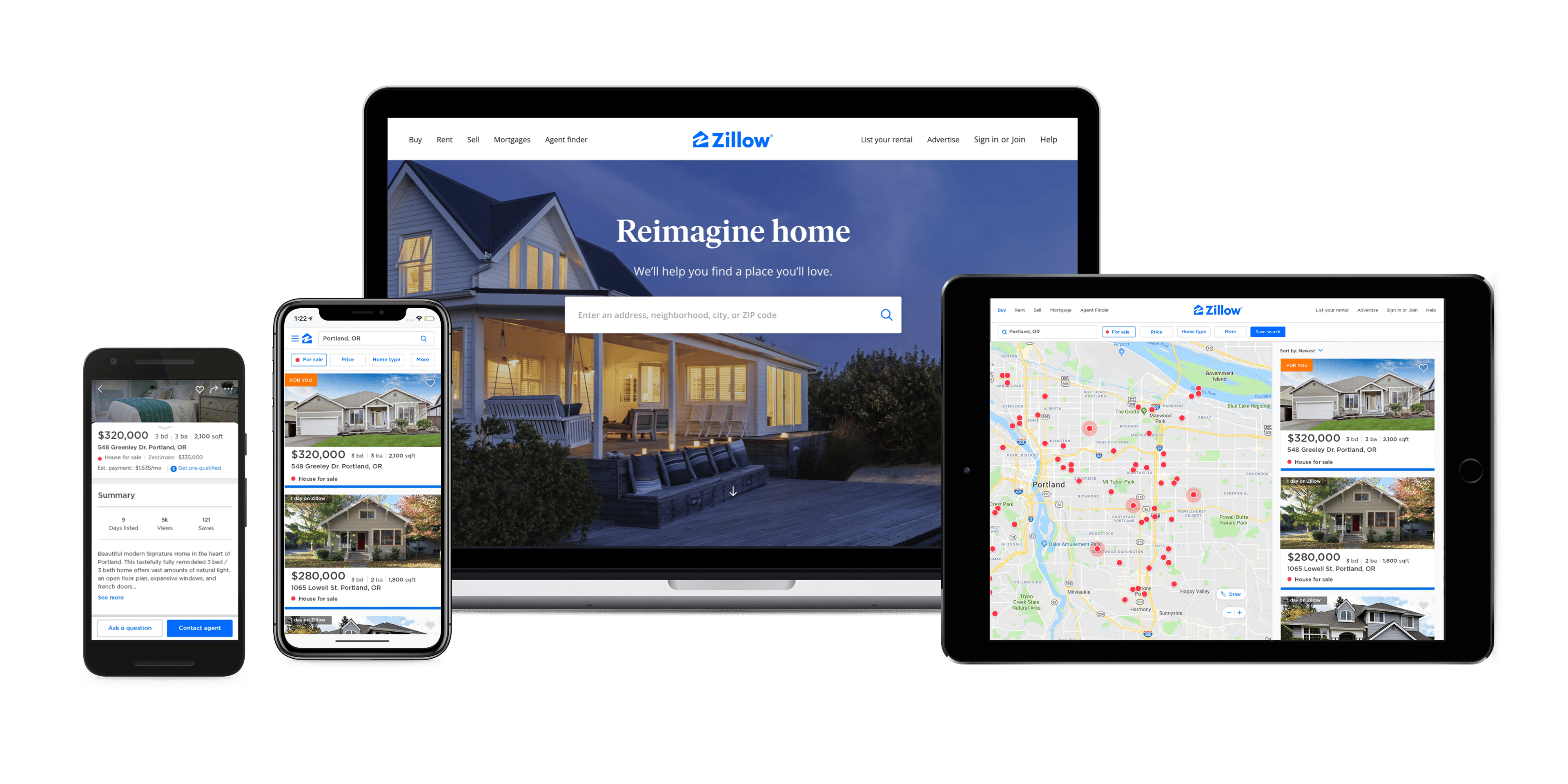 Zillow's website and mobile app shown on several different devices.