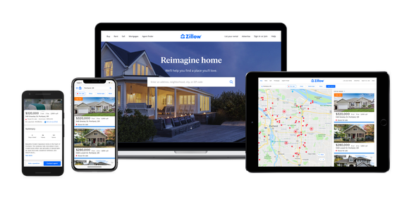 Zillow's website and mobile app shown on several different devices.