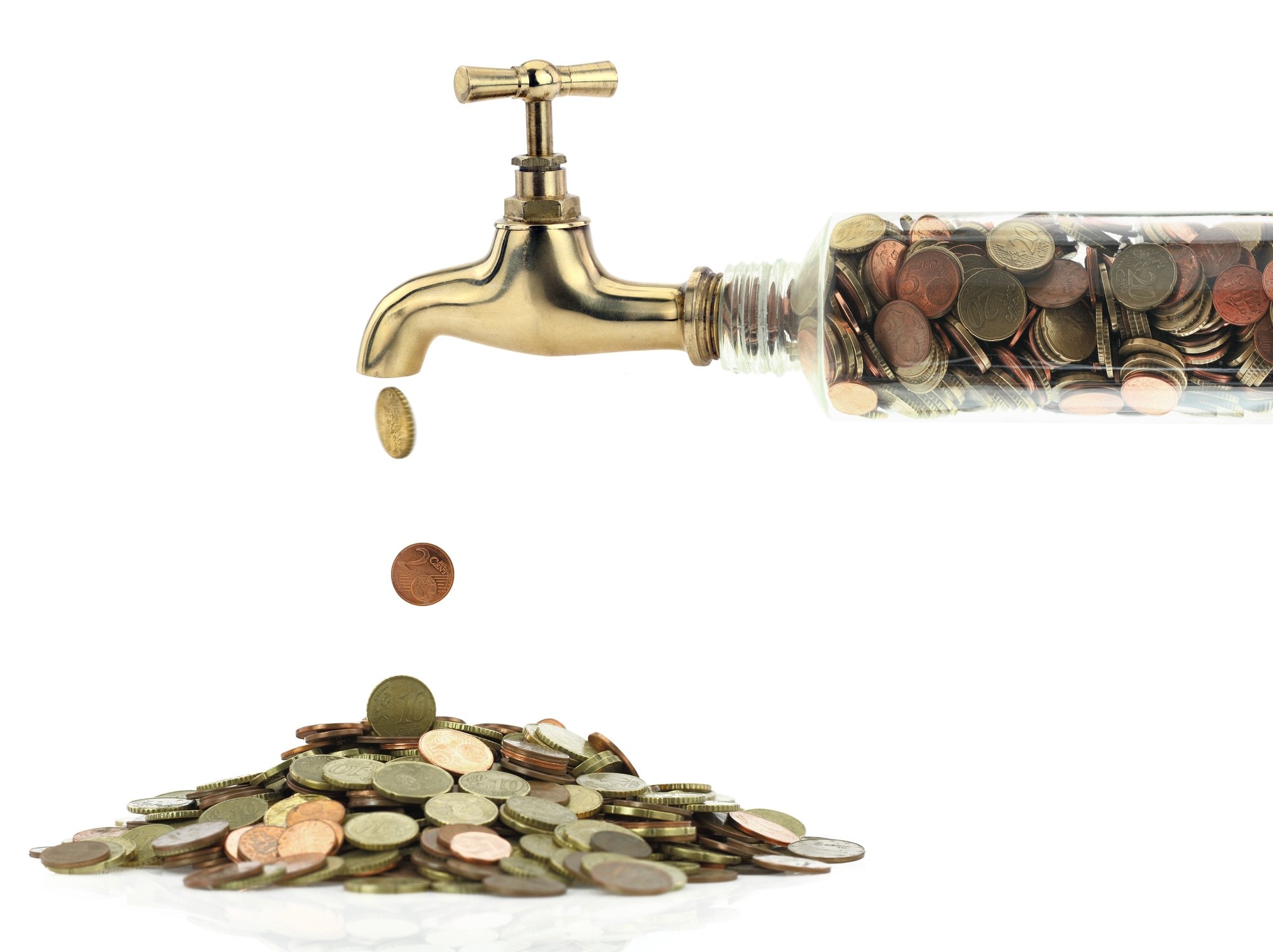 Faucet full of coins with money pouring out.