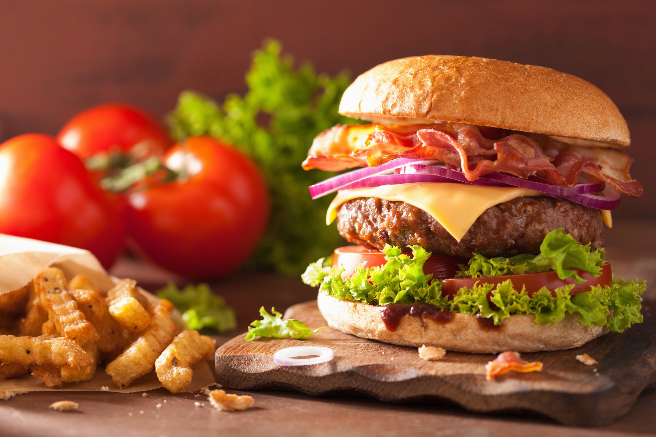 A close-up picture of a burger and fries.