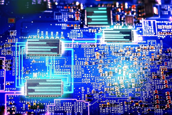 Semiconductors on a circuit board.