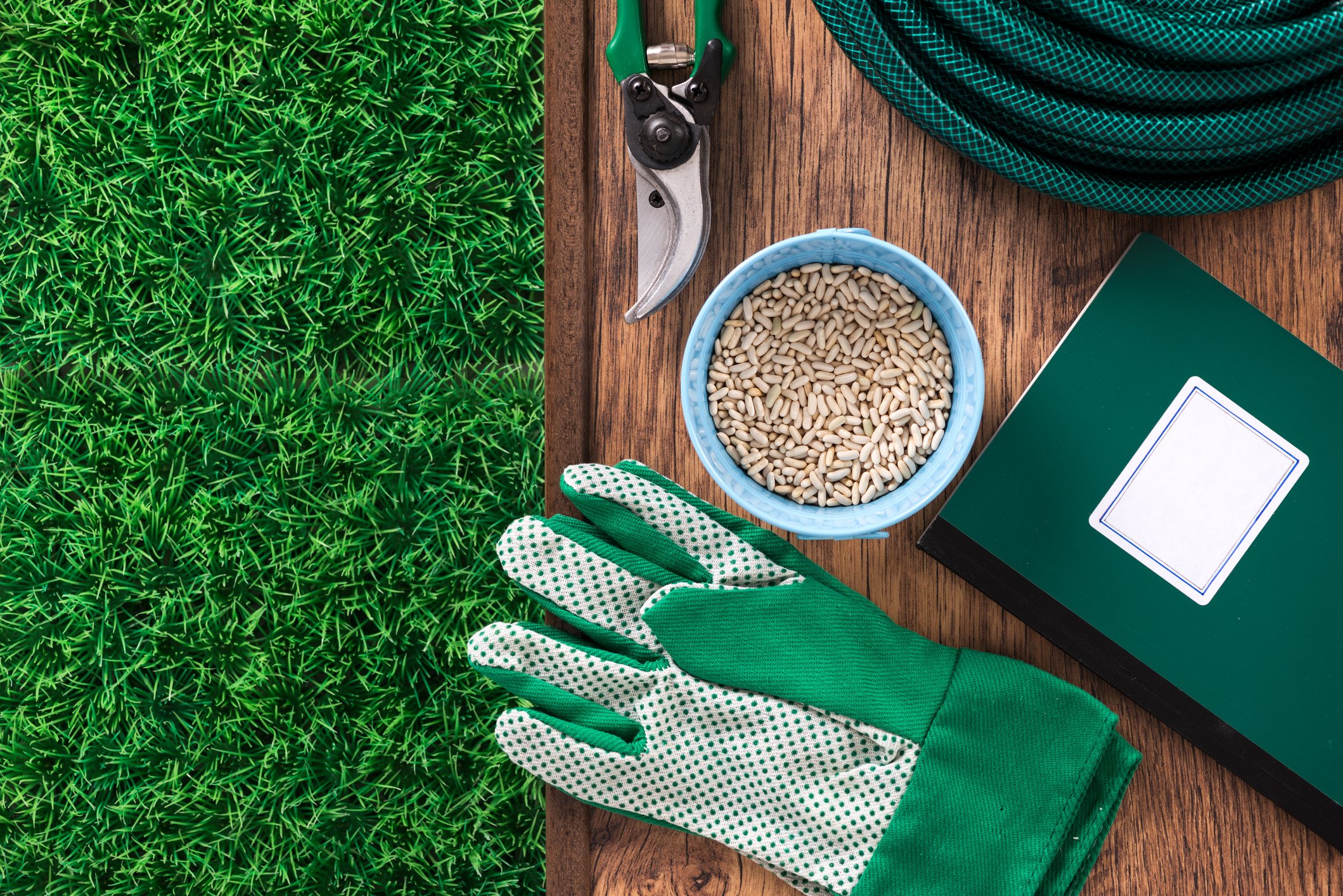 lawn maintenance equipment sits on a table beside some lawn grass