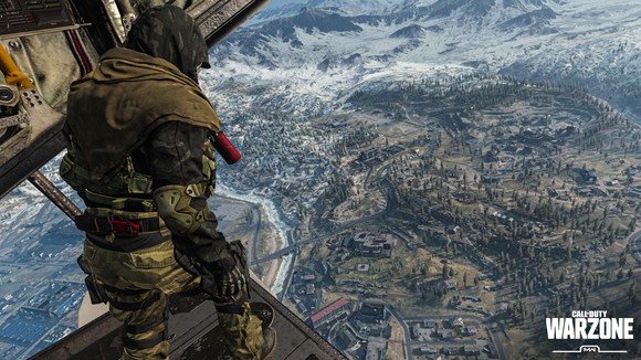 A character from Activision Blizzard's Call of Duty: Warzone in a plane looking down at the ground.