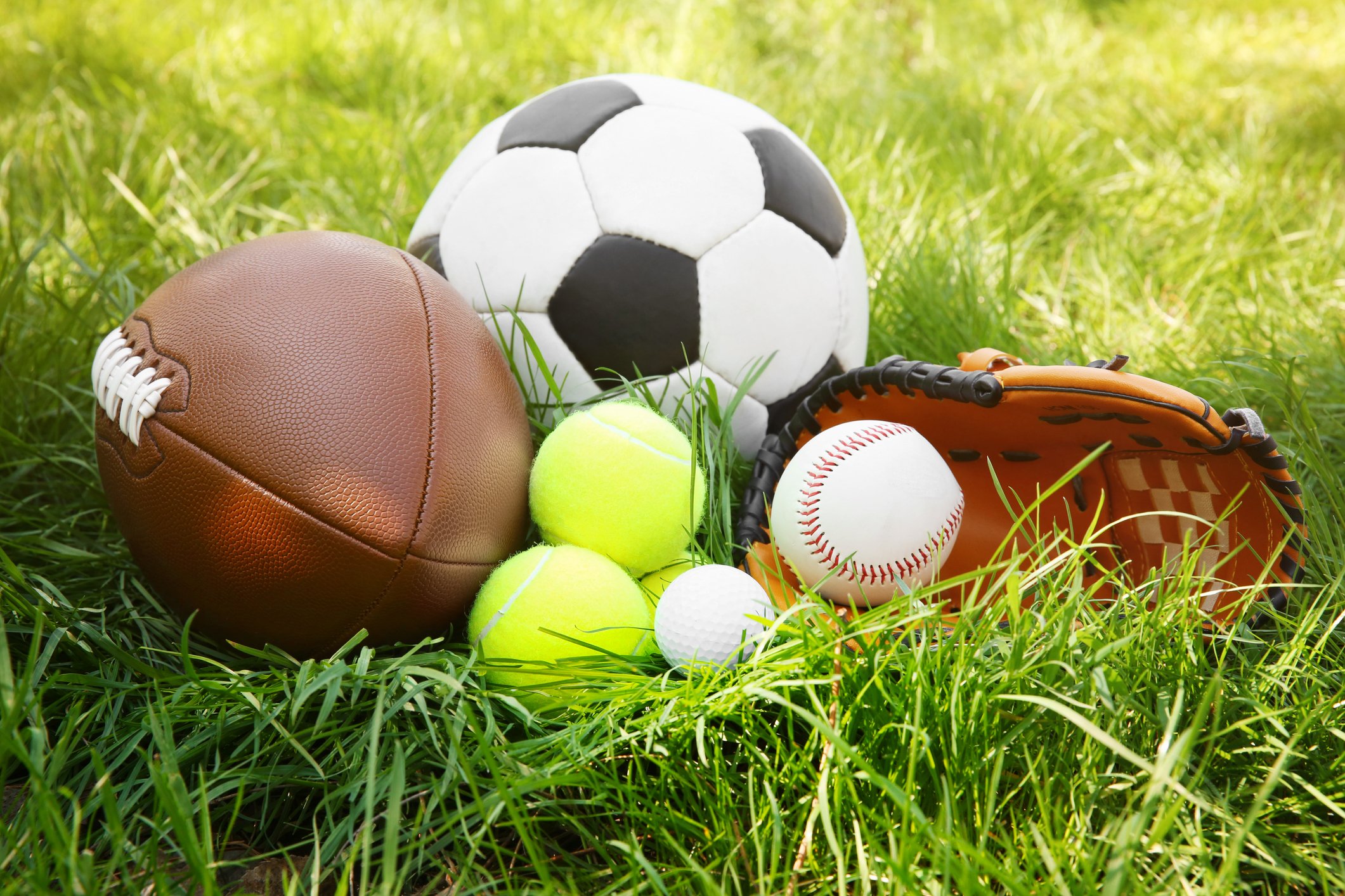 Various balls and a baseball glove in the grass