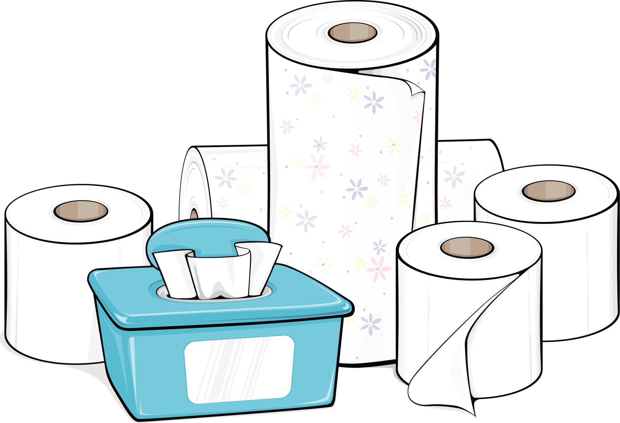 Toilet paper, paper towels, and baby wipes