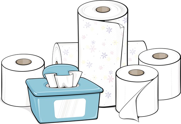 Toilet paper, paper towels, and baby wipes