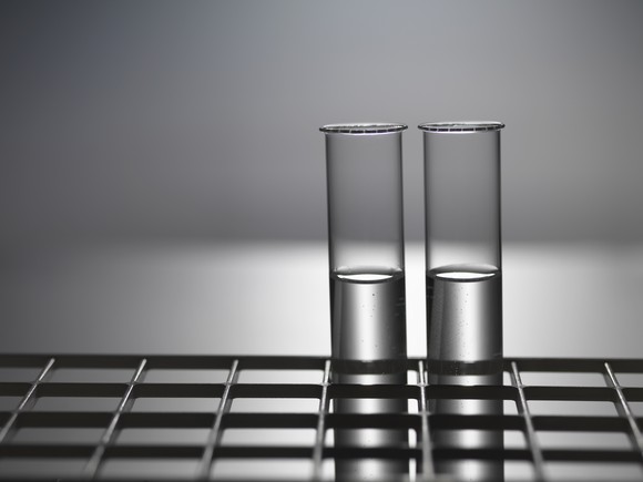 Black and white photo of two test tubes in a rack