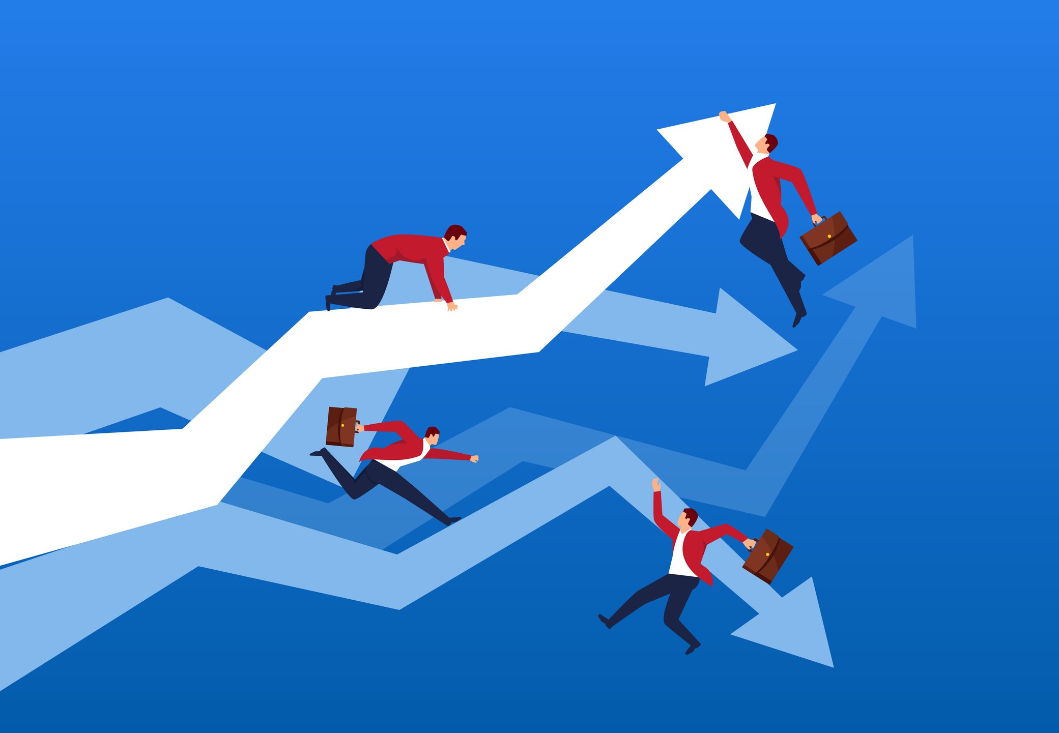 Several rising and falling animated arrows, with businessmen trying to hold onto them