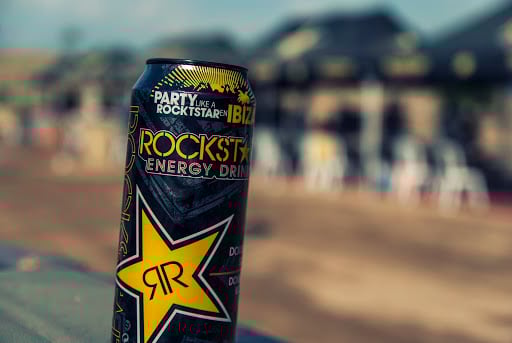 A Rockstar energy drink can. 