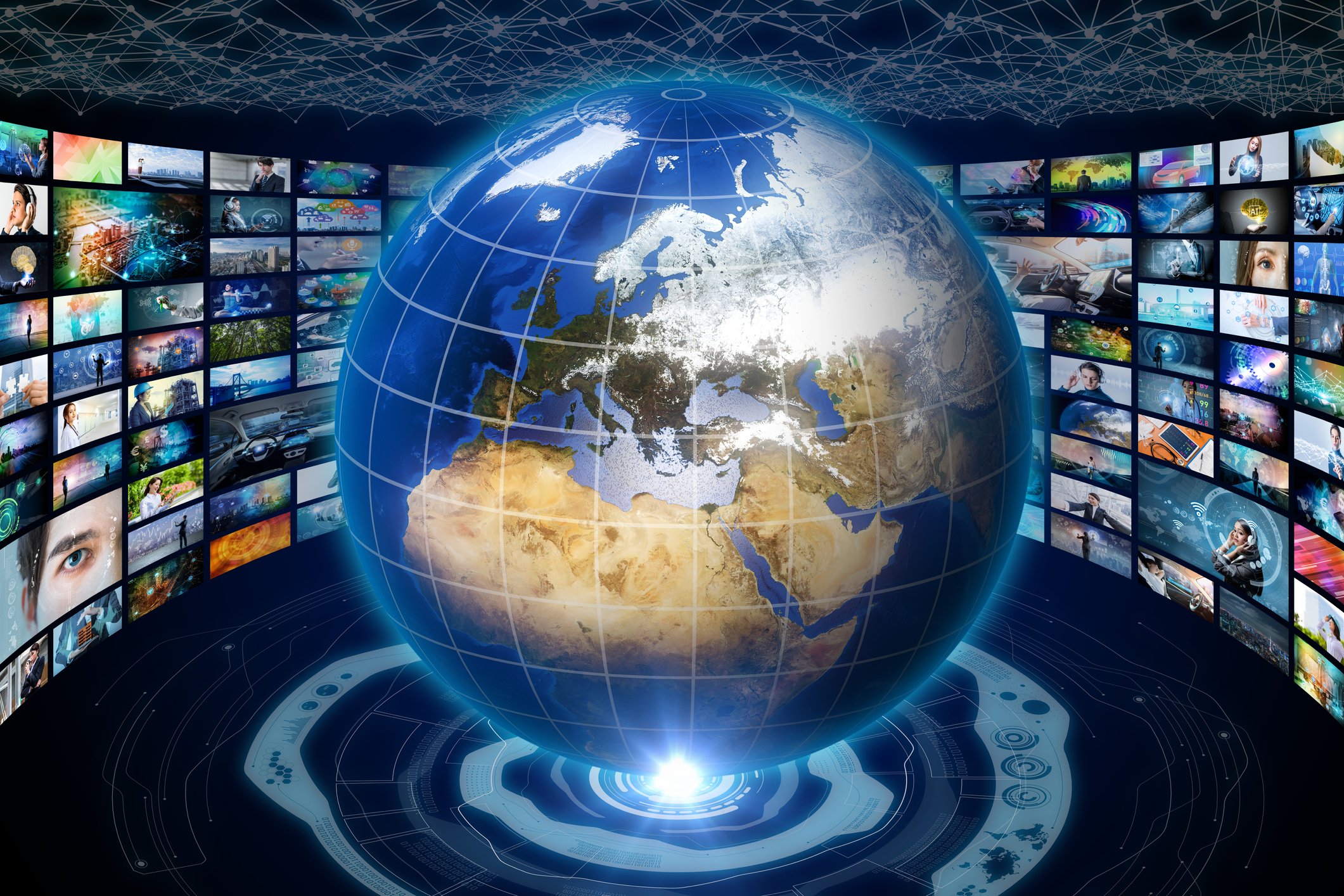 A floating globe surrounded by various television screens.