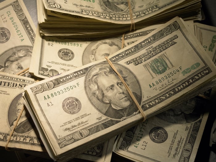 Stacks of 20 dollar bills