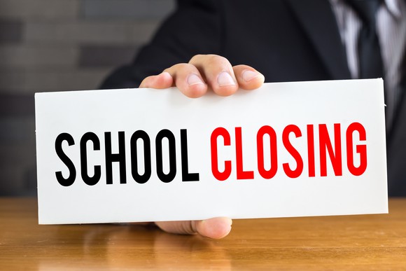 School closing, message on white card and hold by businessman