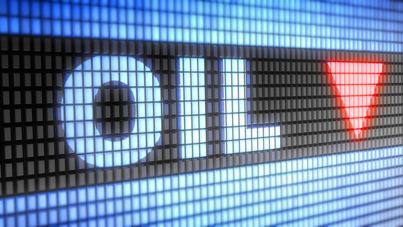 The word, "oil," next to a red down arrow on a screen.